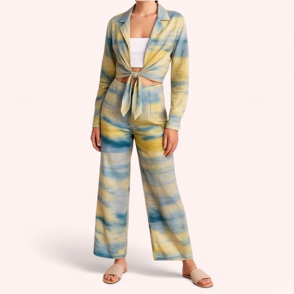 Adrienne Landau Pants - Adrienne Landau Blue Yellow Watercolor Wide Leg Pant Set NWOT Size S Resort